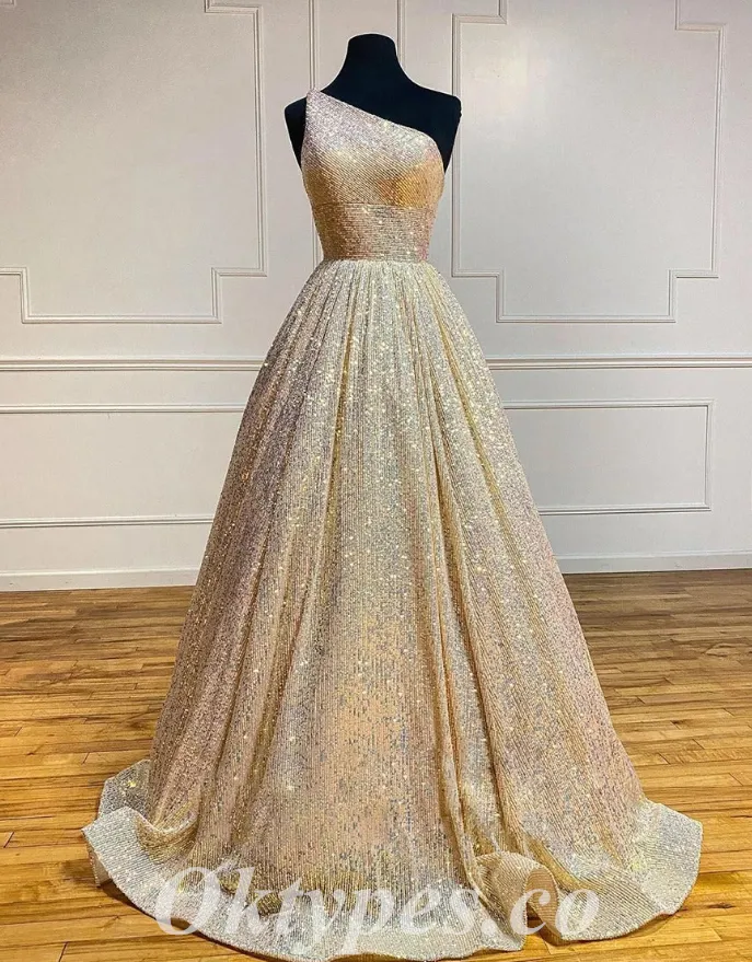 Sexy Sequin One Shoulder Sleeveless A-Line Long Prom Dresses,PDS0634