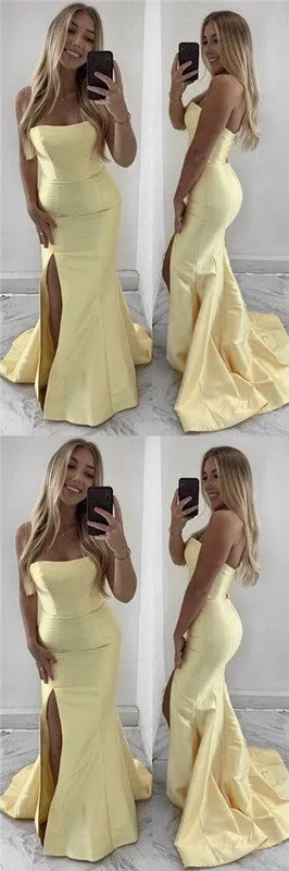 Sexy Side Slit Yellow Strapless Mermaid Long Formal Prom Dresses Evening Gown ,WGP541