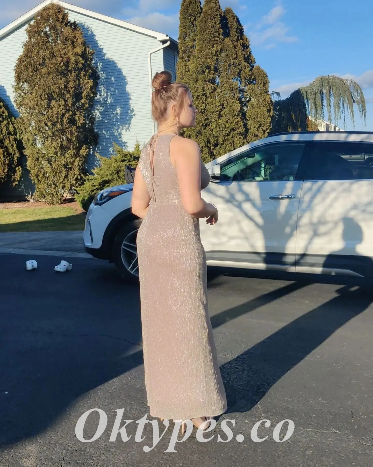Shiny Special Fabric Halter sleeveless Side Slit Sheath Long Prom Dresses, PDS0929