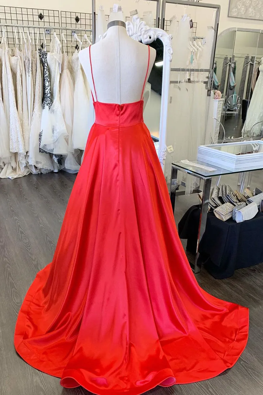 Simple A-Line Spaghetti Straps Red Long Prom Dress