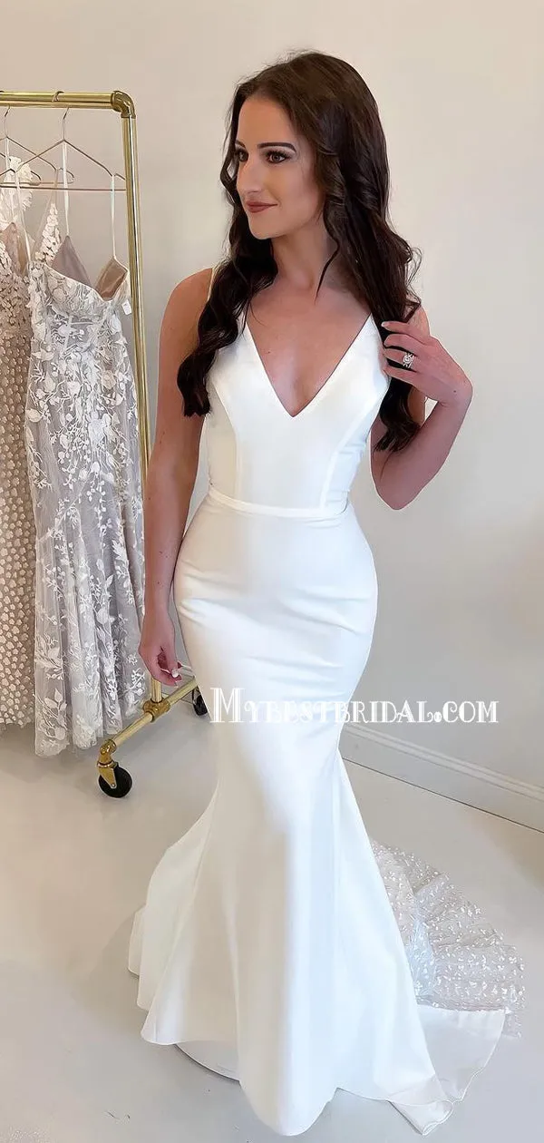 Simple V-neck Mermaid Lace Satin Long Wedding Dresses,WDS0124
