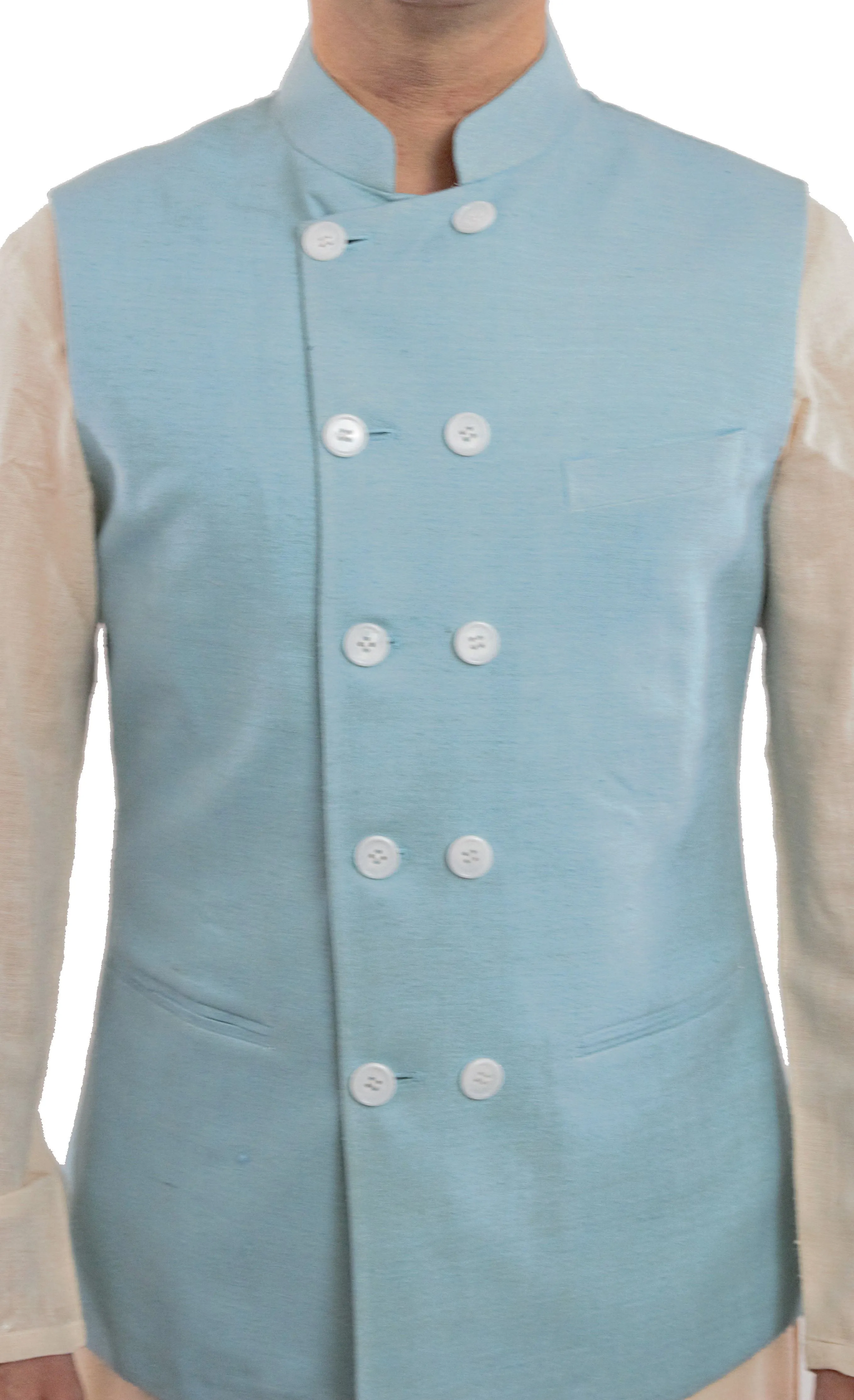 Sky Blue Color Matka Silk Nehru Jacket Bandhgala Waistcoat Bandi