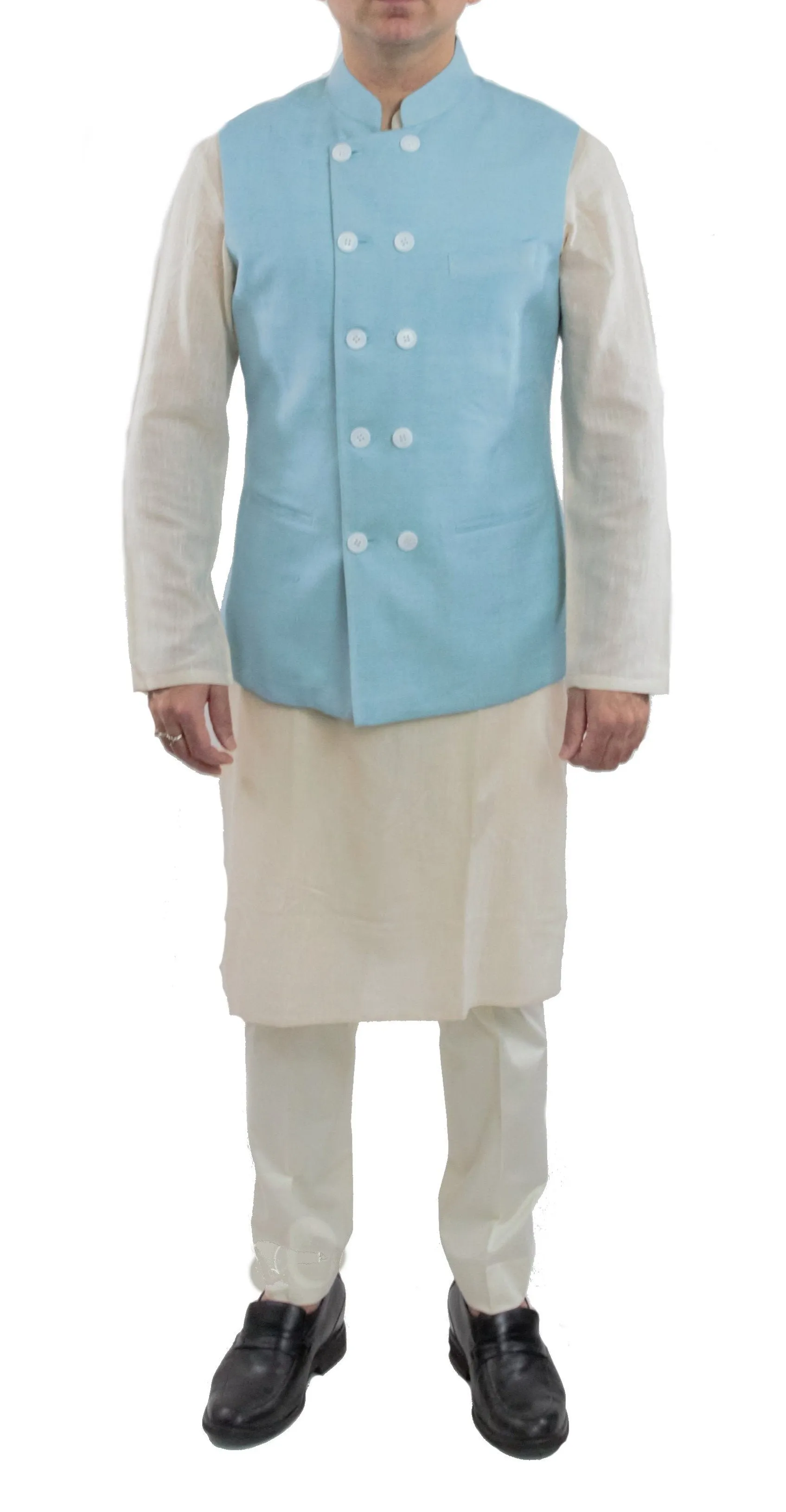 Sky Blue Color Matka Silk Nehru Jacket Bandhgala Waistcoat Bandi