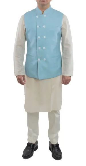 Sky Blue Color Matka Silk Nehru Jacket Bandhgala Waistcoat Bandi