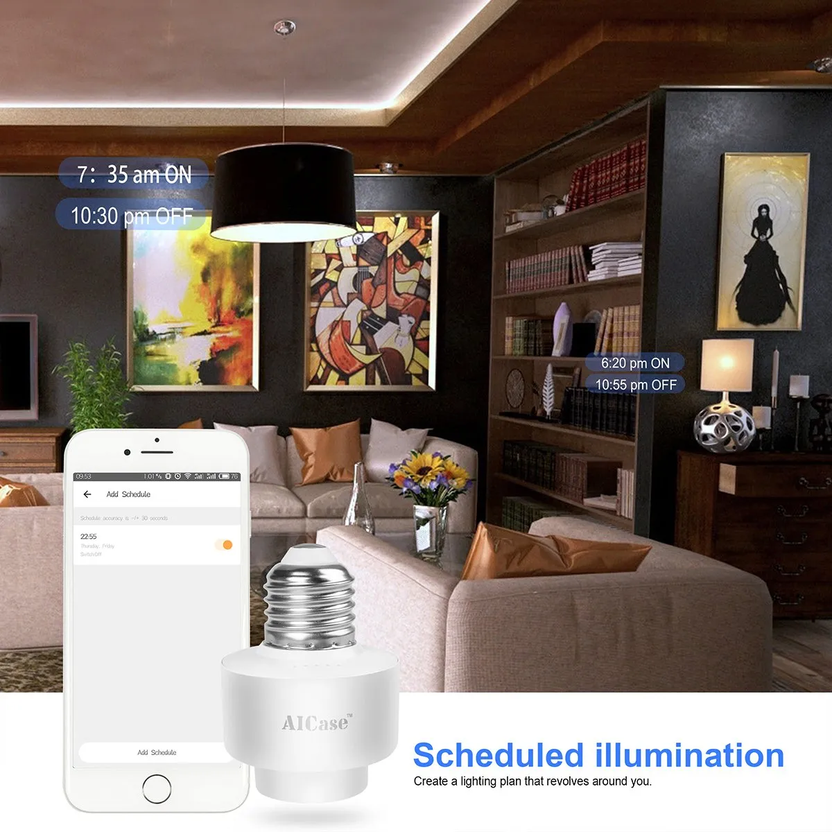 Smart Wifi E27 Light Socket, AICase Intelligent Wlan Home Remote control Light Lamp Bulb Holder Compatible with Alexa and Google Home-White