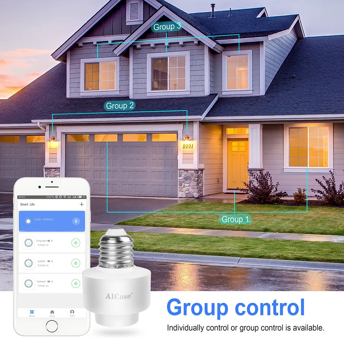 Smart Wifi E27 Light Socket, AICase Intelligent Wlan Home Remote control Light Lamp Bulb Holder Compatible with Alexa and Google Home-White