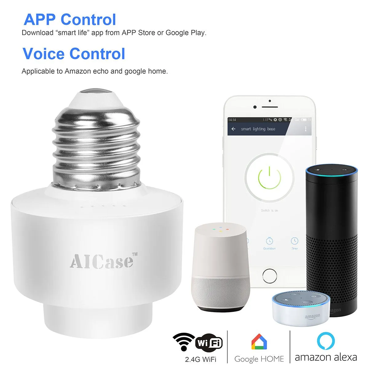 Smart Wifi E27 Light Socket, AICase Intelligent Wlan Home Remote control Light Lamp Bulb Holder Compatible with Alexa and Google Home-White