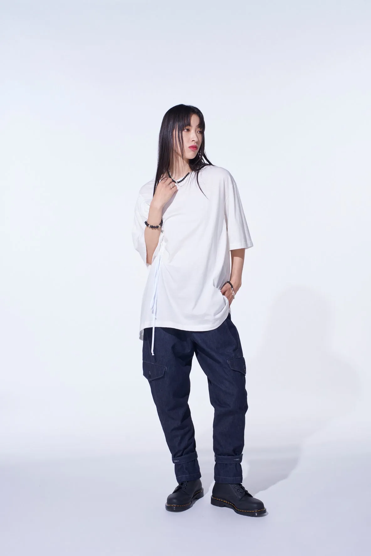 SOFT JERSEY T-SHIRT WITH GATHERED STRINGS