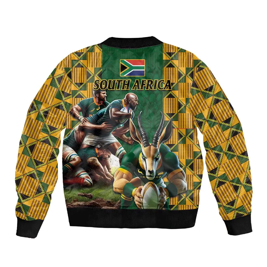 South Africa Rugby Sleeve Zip Bomber Jacket - Springbok Mascot, Players Fighting for Victory LT03