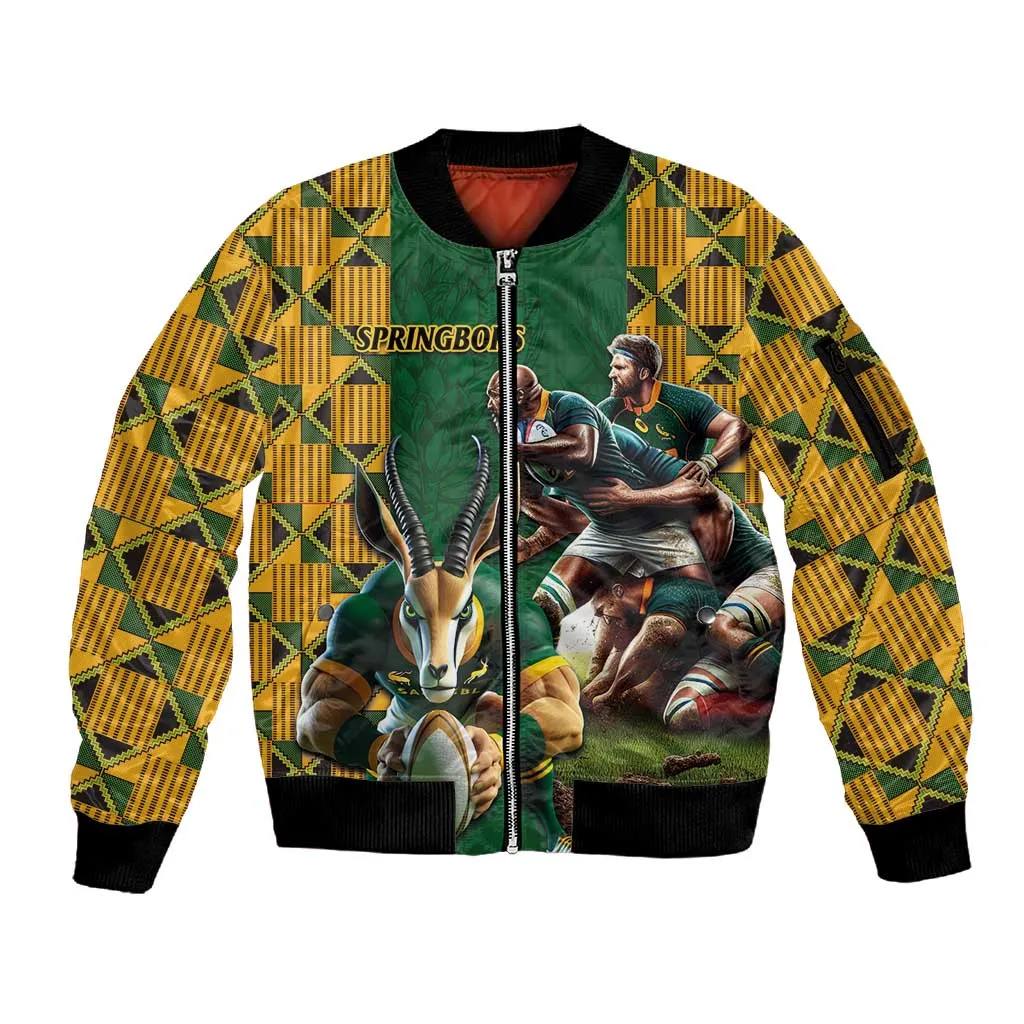 South Africa Rugby Sleeve Zip Bomber Jacket - Springbok Mascot, Players Fighting for Victory LT03