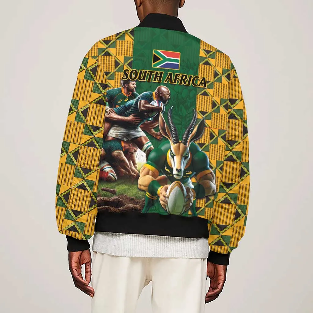 South Africa Rugby Sleeve Zip Bomber Jacket - Springbok Mascot, Players Fighting for Victory LT03