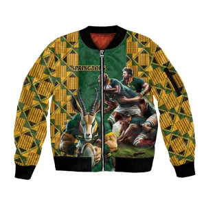 South Africa Rugby Sleeve Zip Bomber Jacket - Springbok Mascot, Players Fighting for Victory LT03