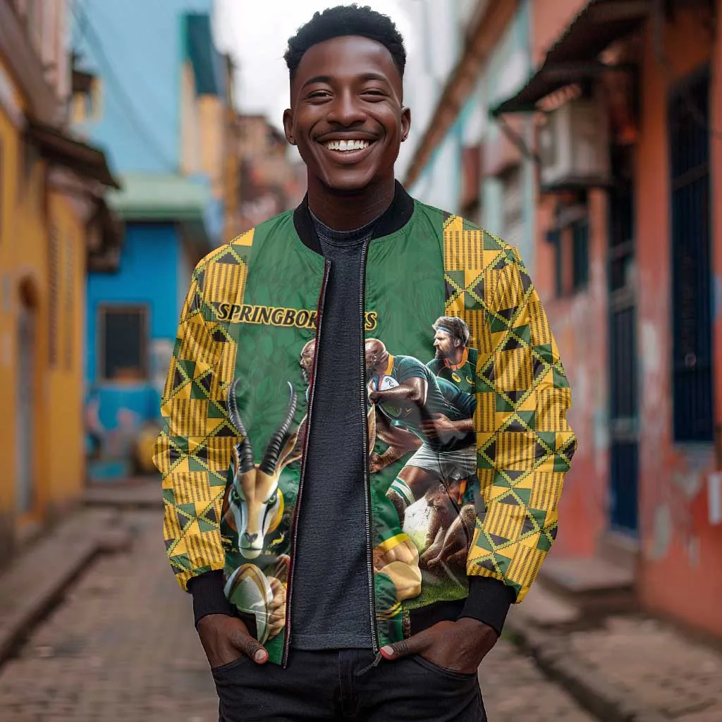 South Africa Rugby Sleeve Zip Bomber Jacket - Springbok Mascot, Players Fighting for Victory LT03