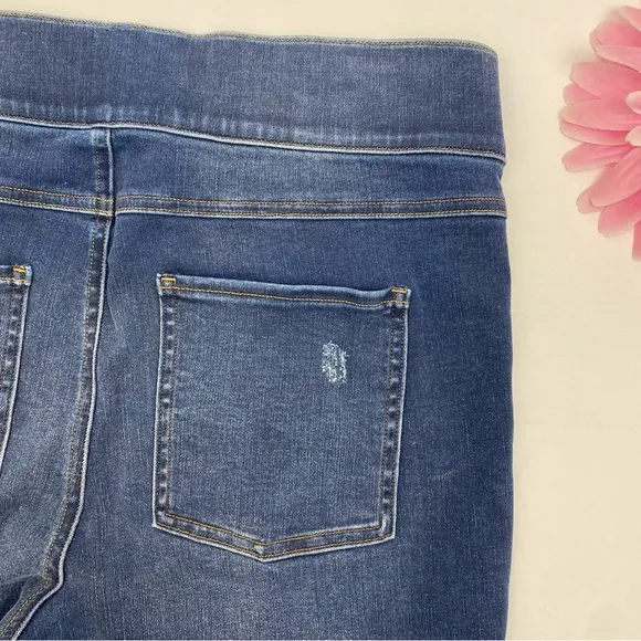 SPANX Distressed Ankle High Rise Skinny Jeans: Medium Wash