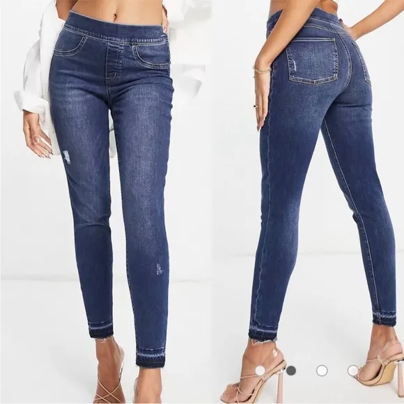 SPANX Distressed Ankle High Rise Skinny Jeans: Medium Wash