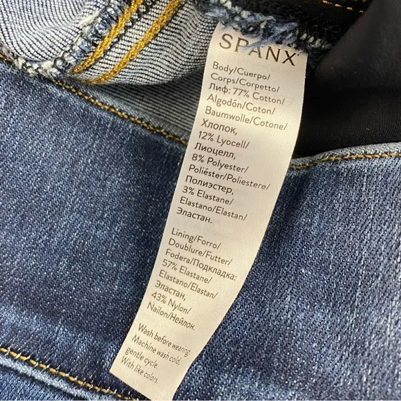 SPANX Distressed Ankle High Rise Skinny Jeans: Medium Wash