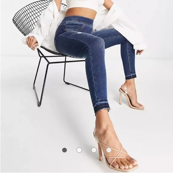SPANX Distressed Ankle High Rise Skinny Jeans: Medium Wash