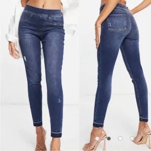 SPANX Distressed Ankle High Rise Skinny Jeans: Medium Wash