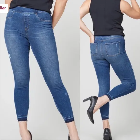 SPANX Distressed Ankle High Rise Skinny Jeans: Medium Wash