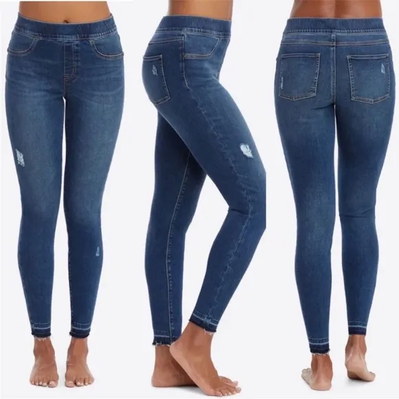 SPANX Distressed Ankle High Rise Skinny Jeans: Medium Wash