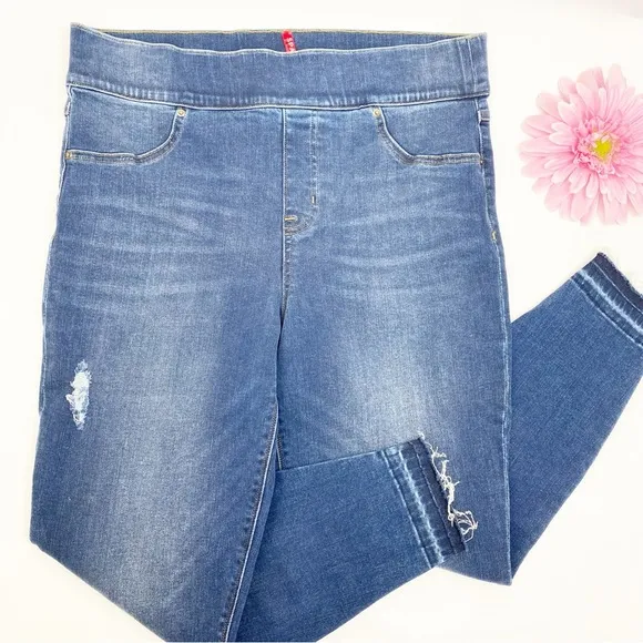 SPANX Distressed Ankle High Rise Skinny Jeans: Medium Wash