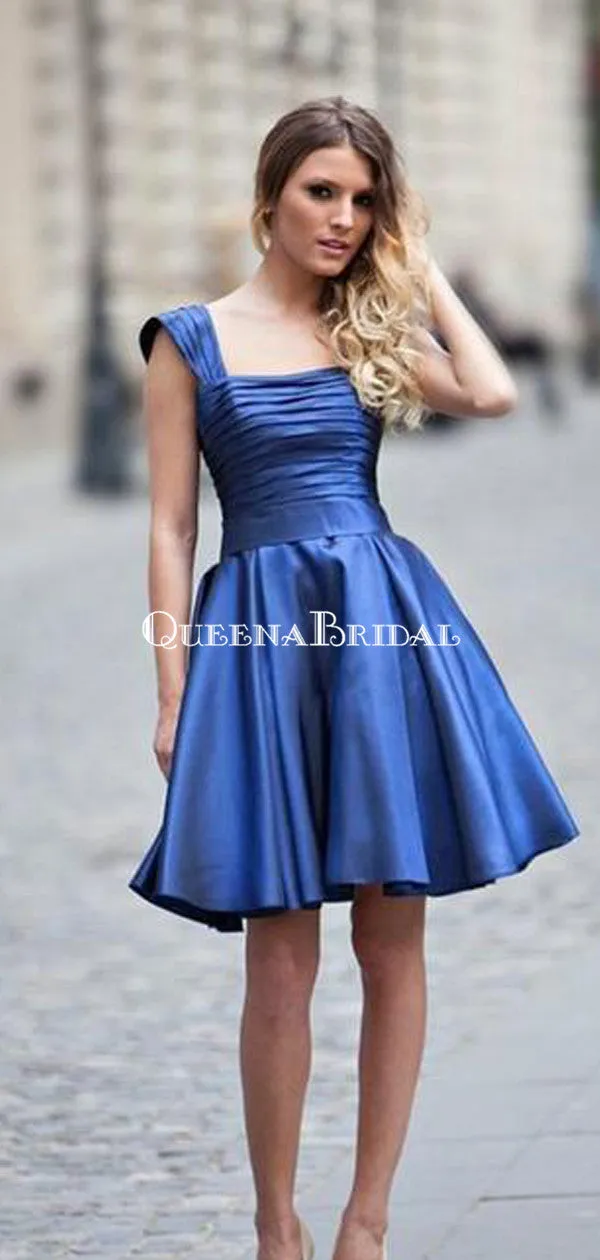 Square Neckline Royal Blue Satin Short Cheap Homecoming Dresses, HDS0040
