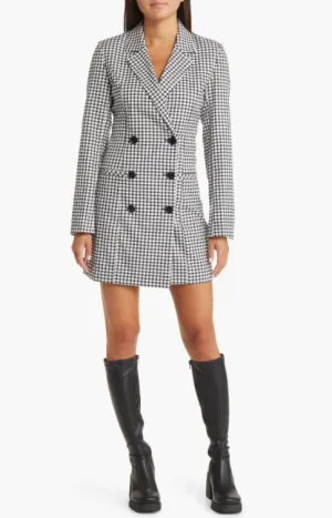 Steve Madden Double Breasted Houndstooth Check Long Sleeve Blazer Dress
