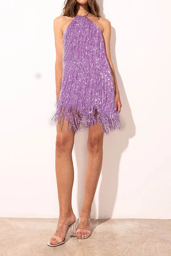 storexq Solid Color Smart Halter Collar Tassel Mini Dress