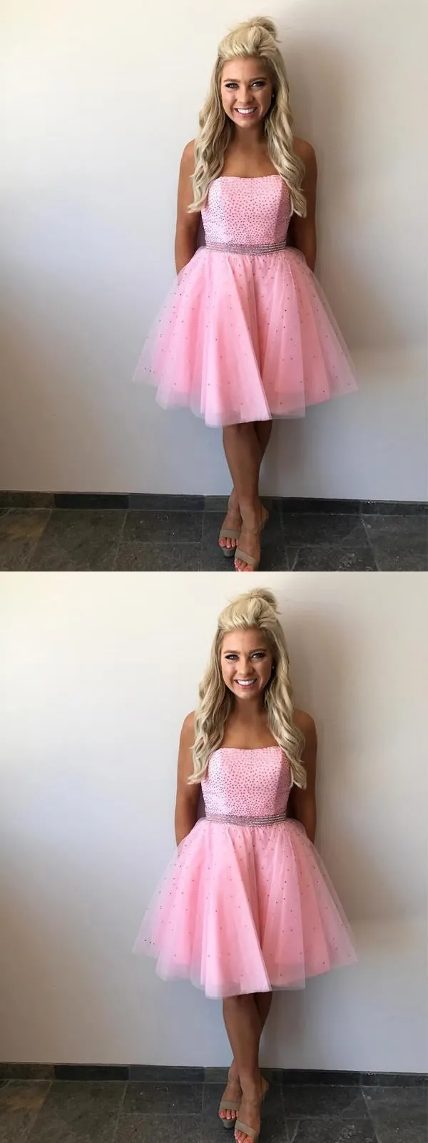 Strapless Beaded Tulle Pink Short Homecoming Dresses 2018, CM507