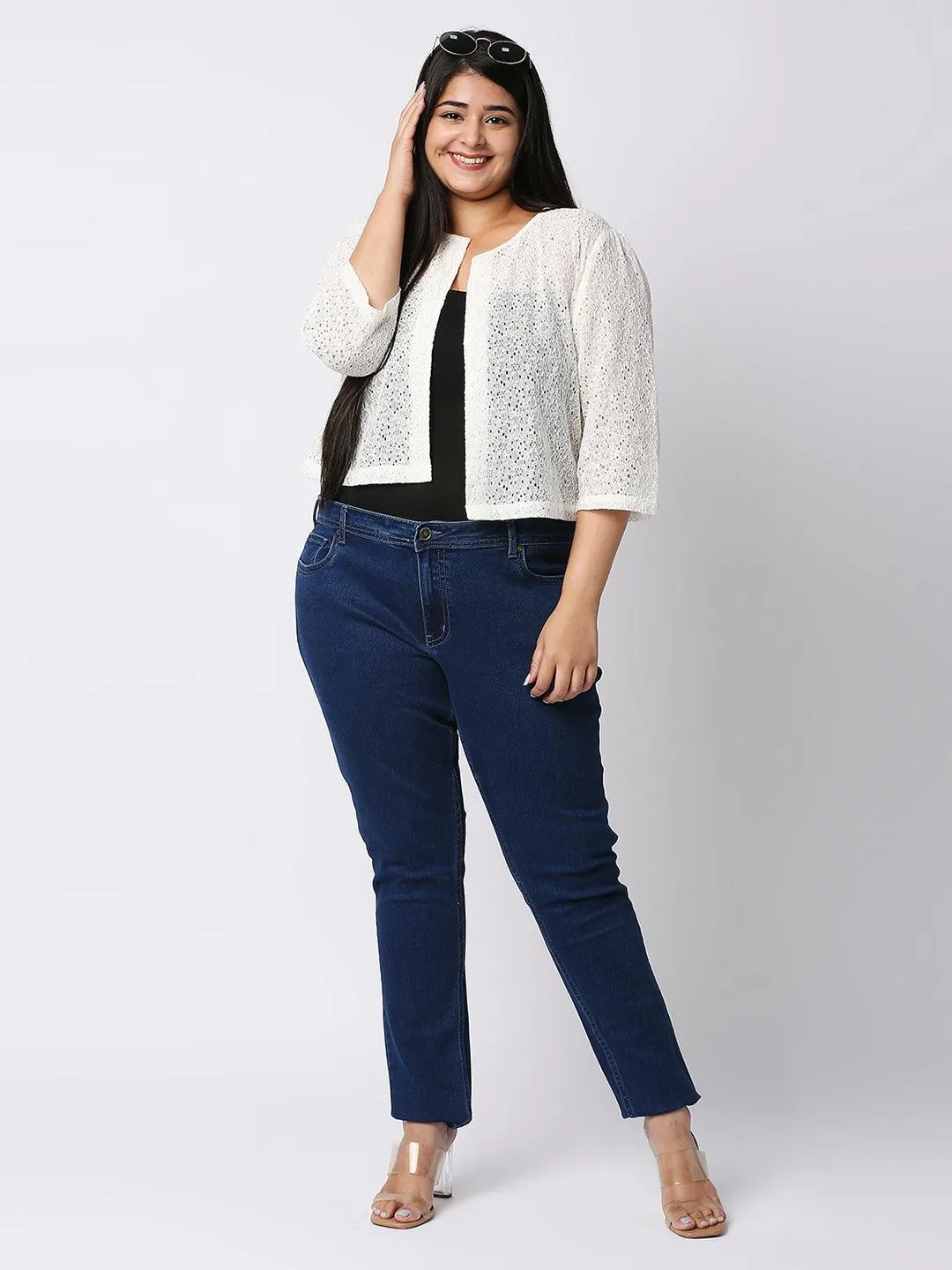Style Quotient Women Off White Self Design Floral Lace Open Front Smart Casual Shrug