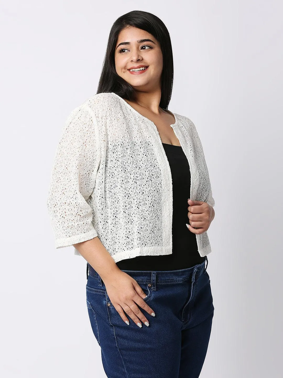 Style Quotient Women Off White Self Design Floral Lace Open Front Smart Casual Shrug