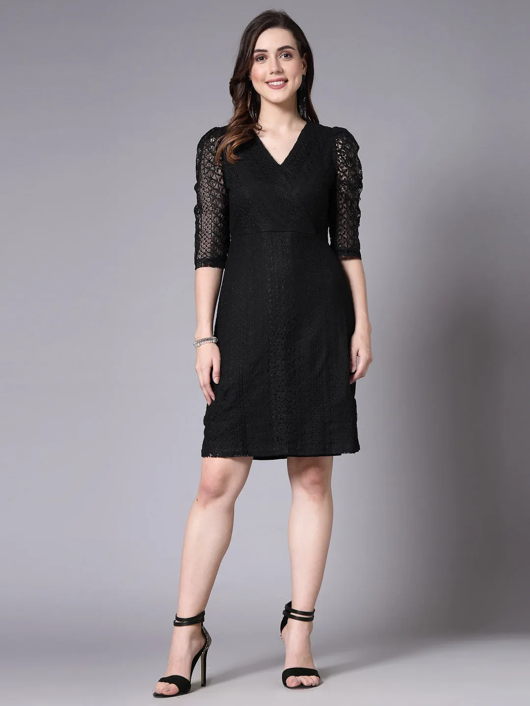 Style Quotient Women Smart Casual Black Overlap Lace Dress