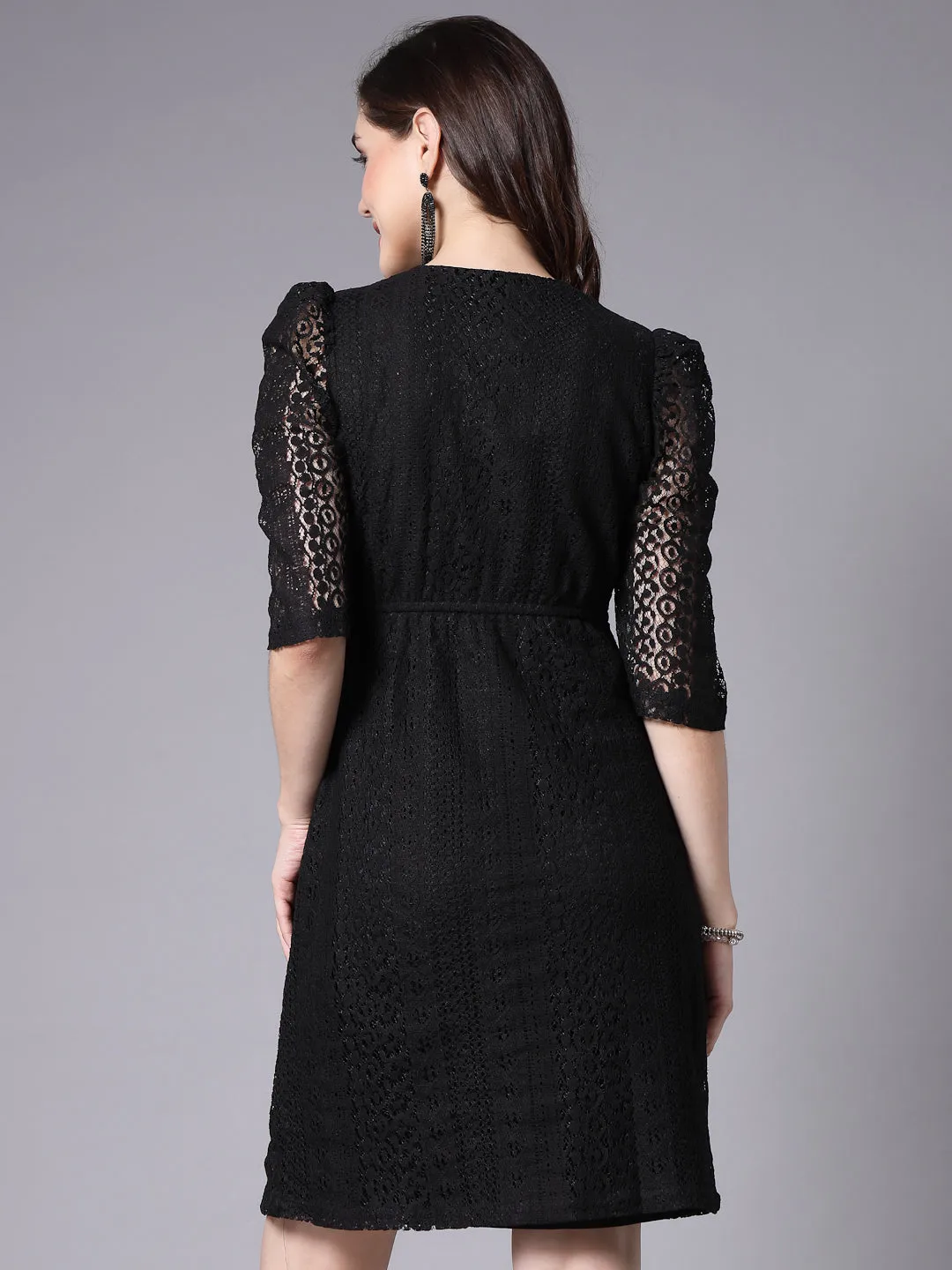 Style Quotient Women Smart Casual Black Overlap Lace Dress