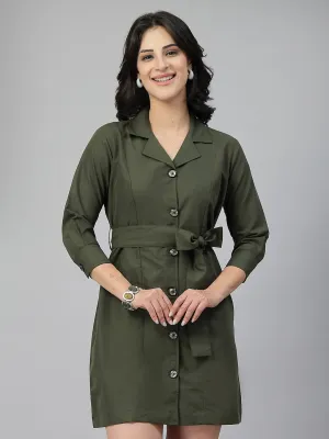 Style Quotient Women Solid Olive Polycotton Formal Shirt Dress