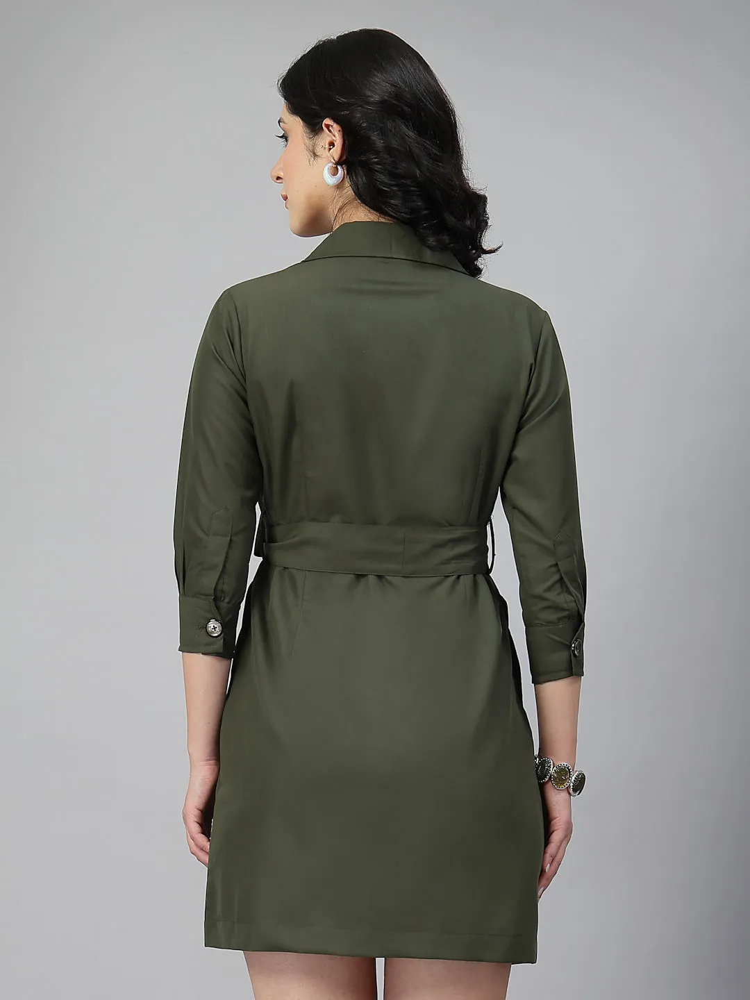 Style Quotient Women Solid Olive Polycotton Formal Shirt Dress