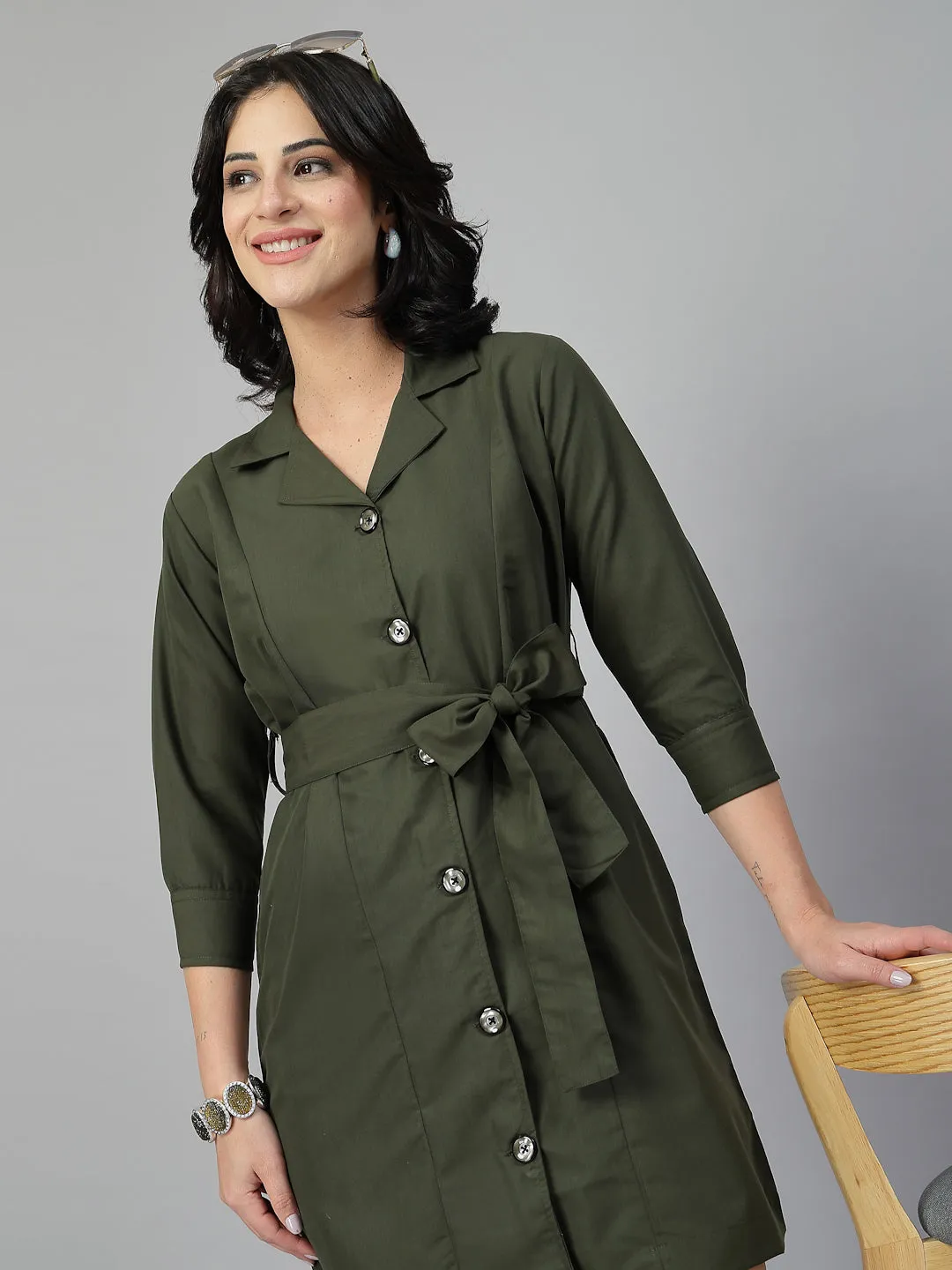 Style Quotient Women Solid Olive Polycotton Formal Shirt Dress