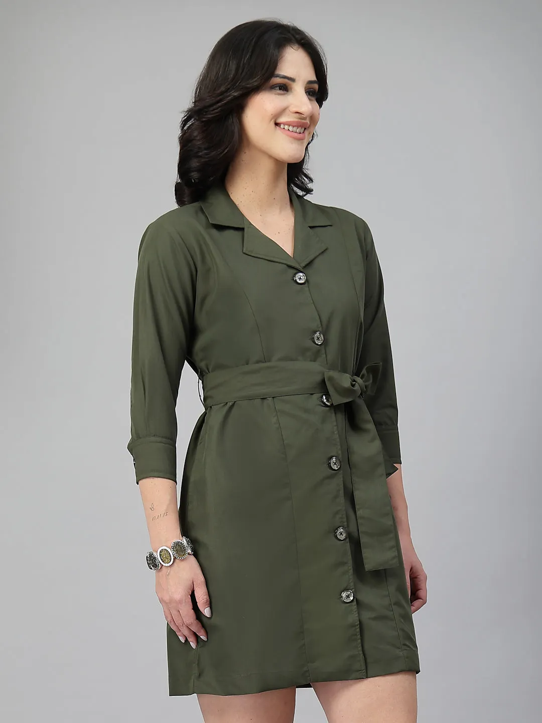 Style Quotient Women Solid Olive Polycotton Formal Shirt Dress