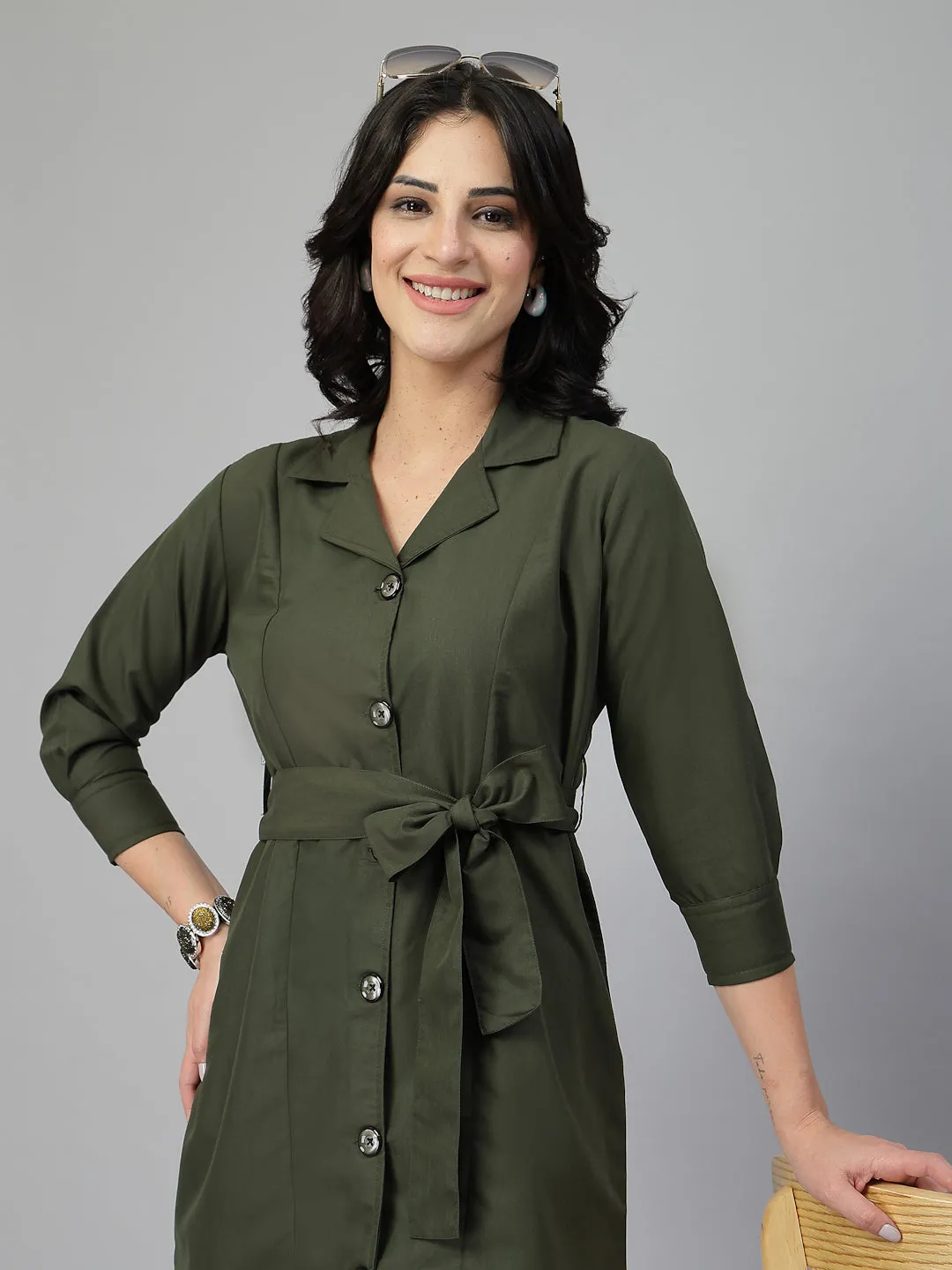 Style Quotient Women Solid Olive Polycotton Formal Shirt Dress