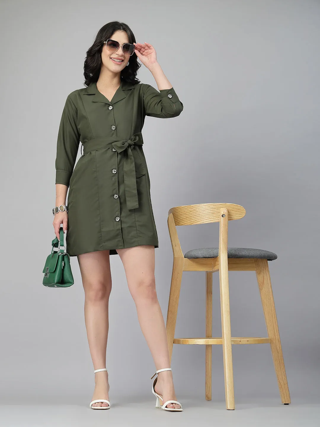 Style Quotient Women Solid Olive Polycotton Formal Shirt Dress