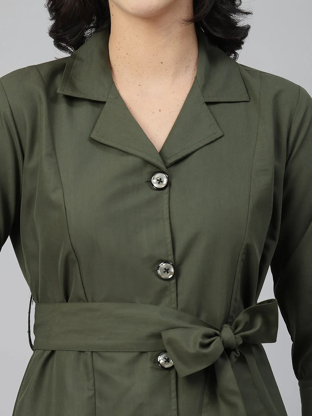 Style Quotient Women Solid Olive Polycotton Formal Shirt Dress