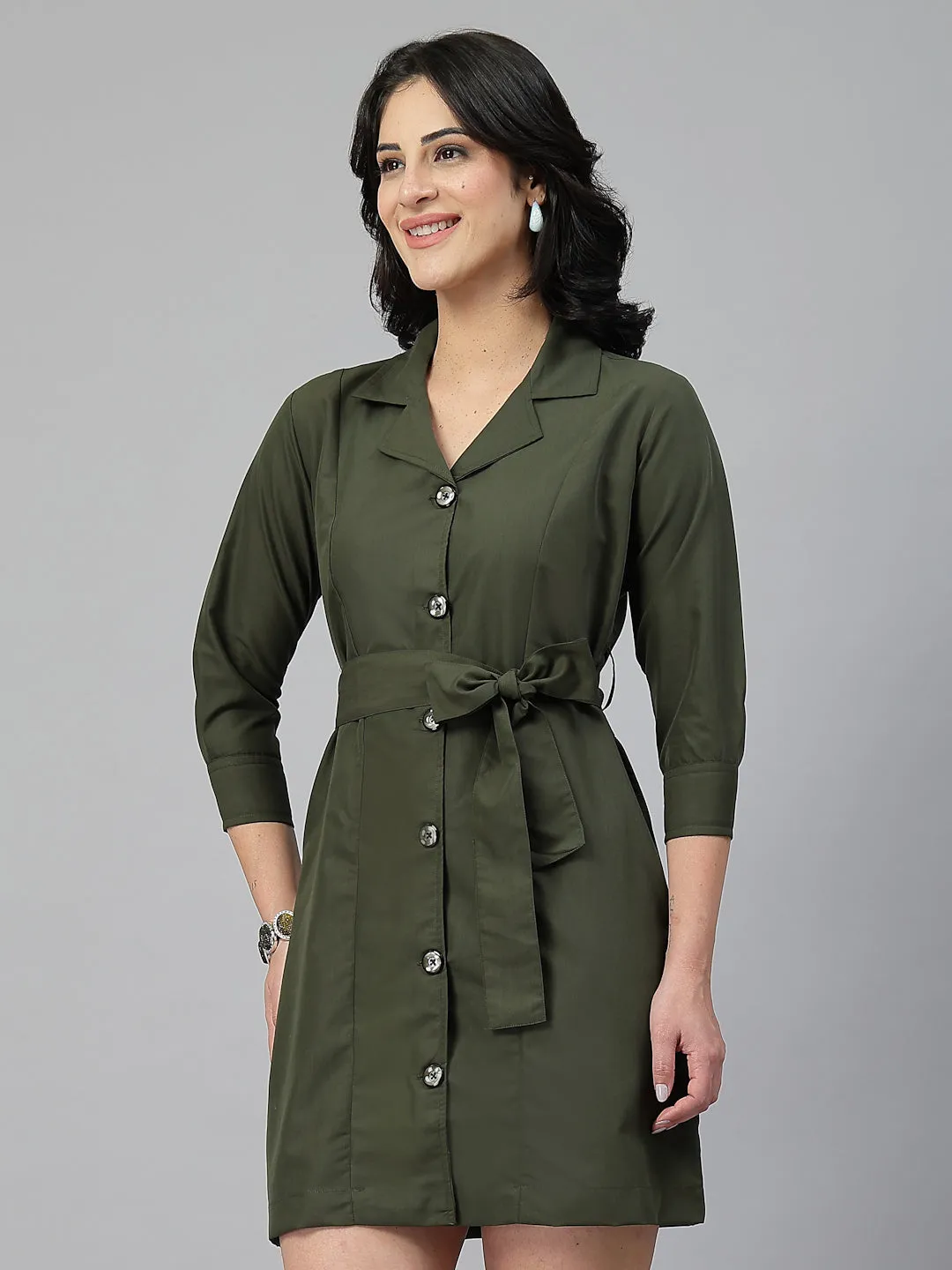 Style Quotient Women Solid Olive Polycotton Formal Shirt Dress