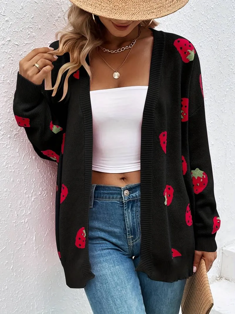 Stylish cardigan with long sleeves and strawberry print for autumn and spring - Casual wear for everyday comfort