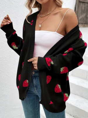 Stylish cardigan with long sleeves and strawberry print for autumn and spring - Casual wear for everyday comfort