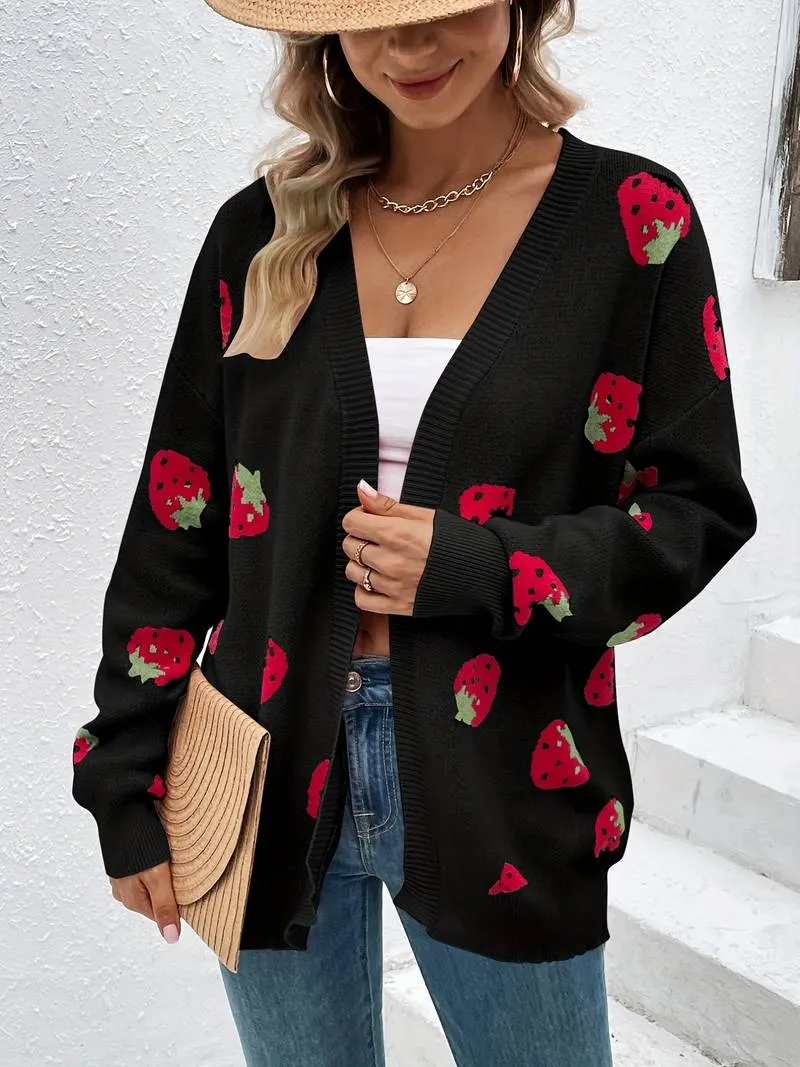 Stylish cardigan with long sleeves and strawberry print for autumn and spring - Casual wear for everyday comfort