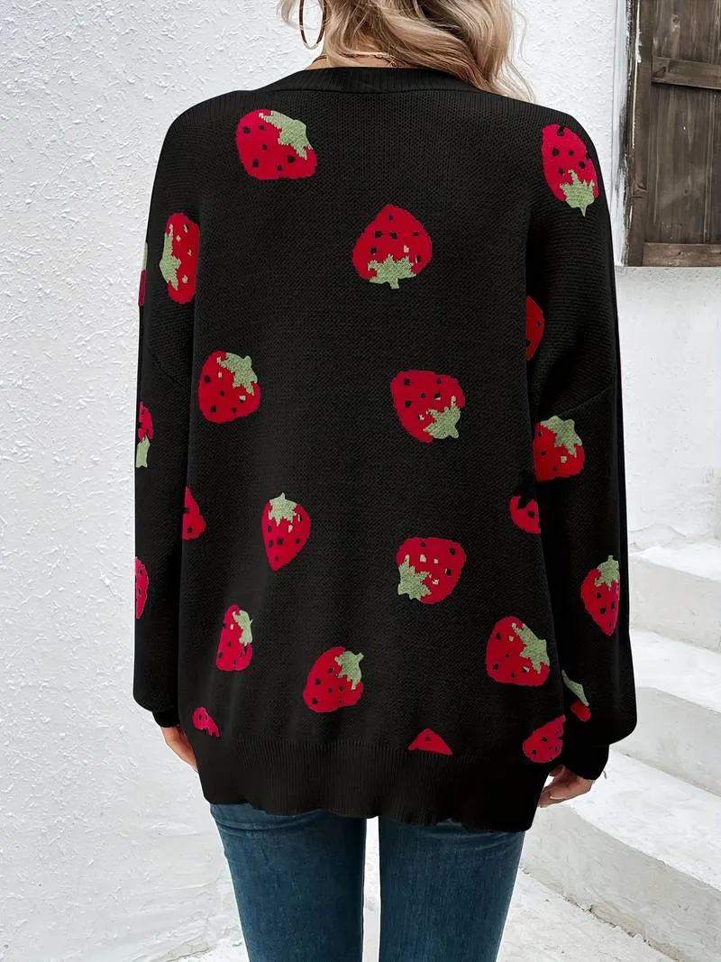 Stylish cardigan with long sleeves and strawberry print for autumn and spring - Casual wear for everyday comfort