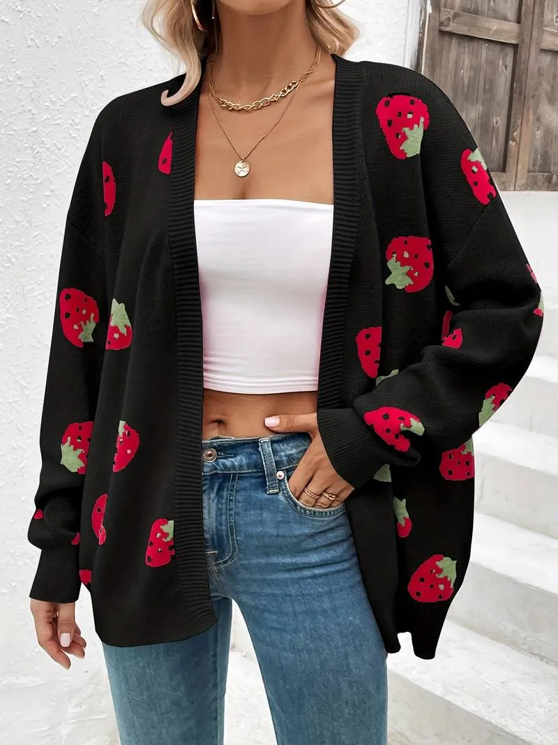 Stylish cardigan with long sleeves and strawberry print for autumn and spring - Casual wear for everyday comfort