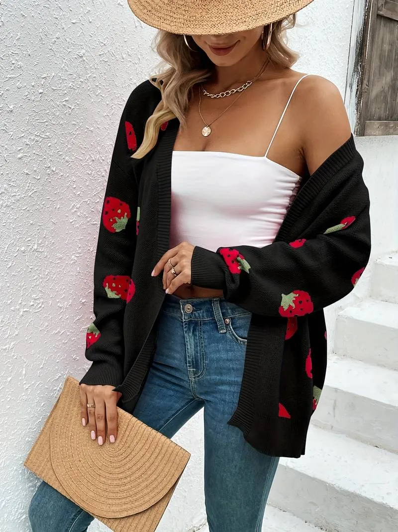 Stylish cardigan with long sleeves and strawberry print for autumn and spring - Casual wear for everyday comfort