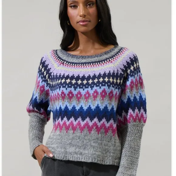 Sugarlips Purple and Pink Fair Isle Crew Neck Sweater