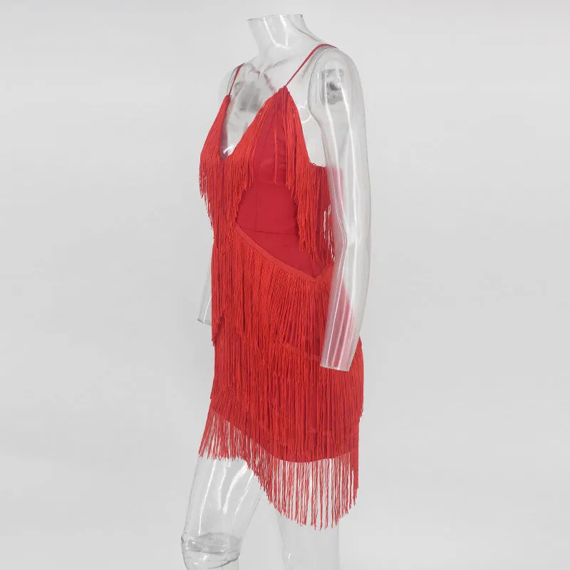 Summer Thin Strap Tassel Dress Party V-neck Backless Sexy Dress Elegant Retro
