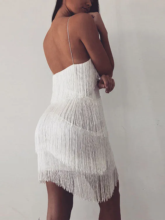 Summer Thin Strap Tassel Dress Party V-neck Backless Sexy Dress Elegant Retro